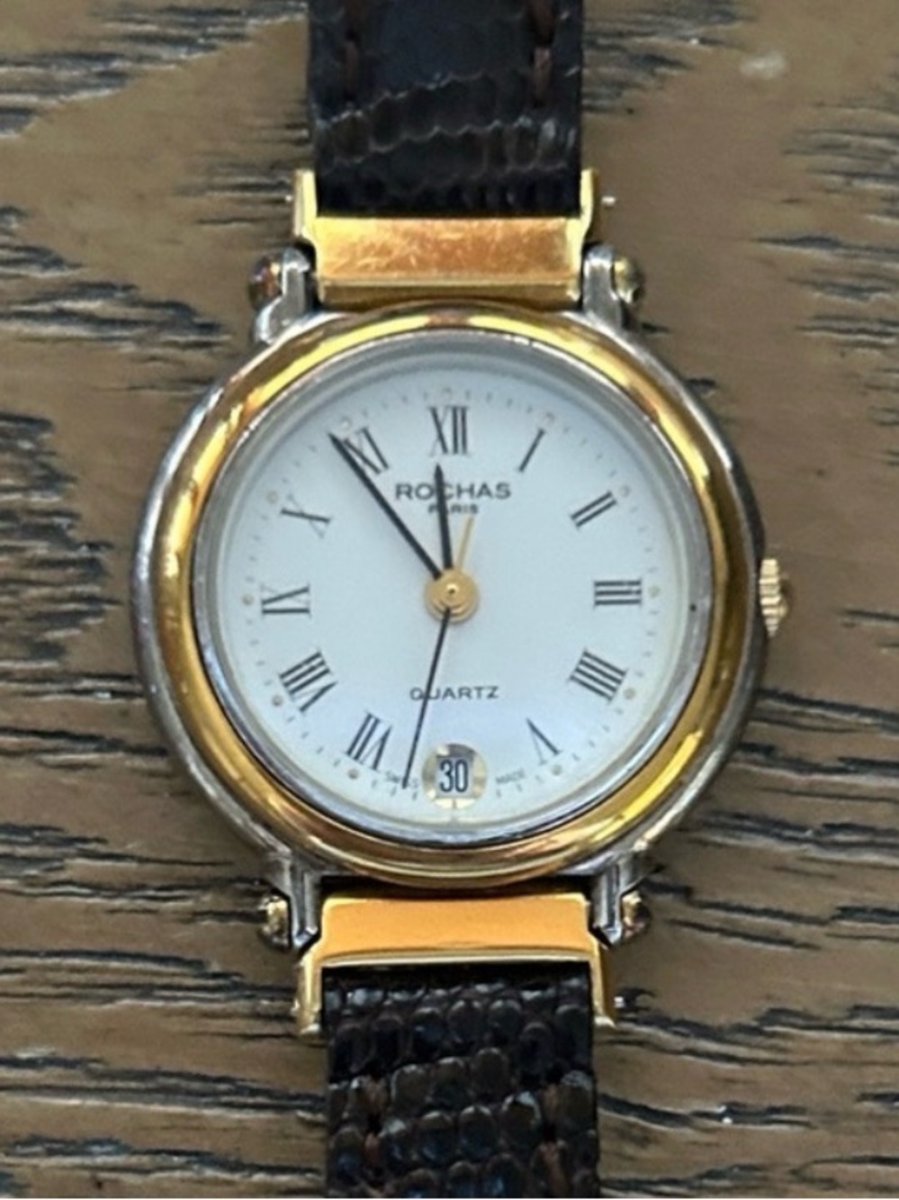 Vintage ROCHAS Paris Woman’s Watch Gold Tone Quartz Leather Band Dress Watch